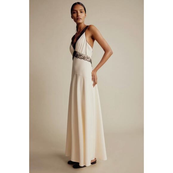 NWT Women's ME+EM Satin And Black Lace Full-Length Slip Dress size 12 Coquette - Picture 3 of 6